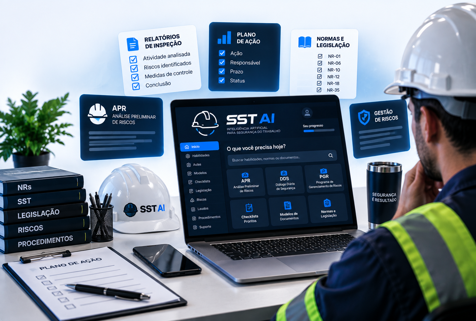 Painel do SST AI com habilidades como APR, DDS, PGR, checklists e modelos de documentos